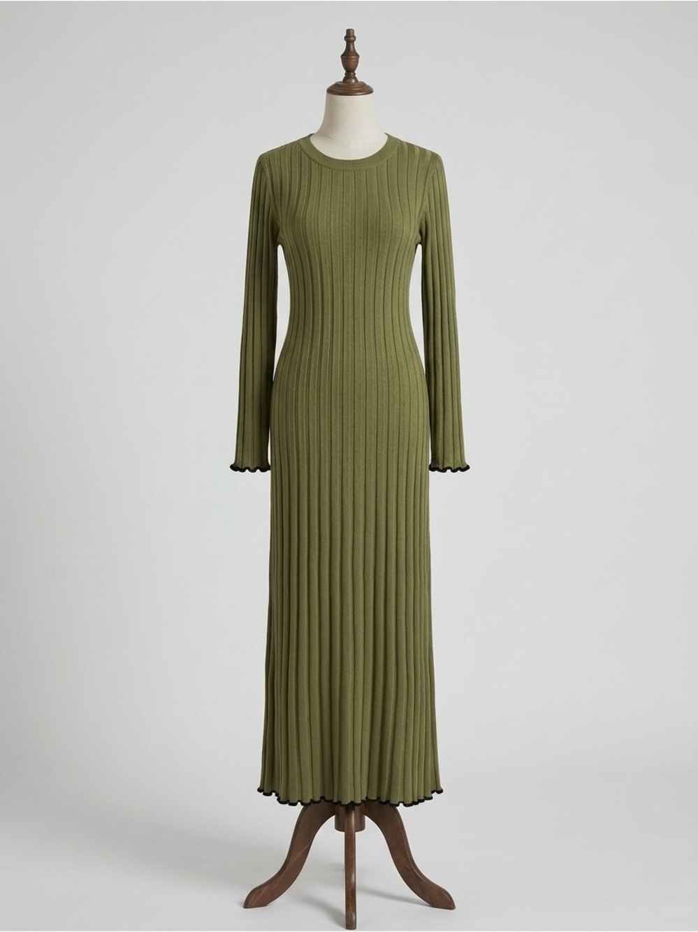 Dark Green Black Trim Knit Long Sleeve Maxi Dress